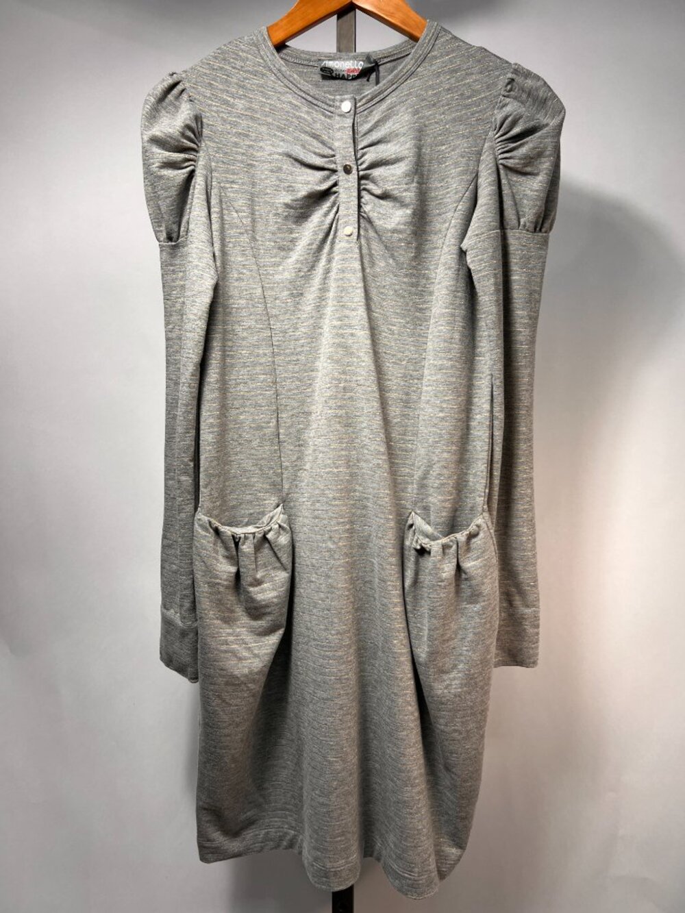 SIMONETTA Italy Gray Lurex Metallic Knit Puff Sleeve Pockets Tunic Dress M NWT